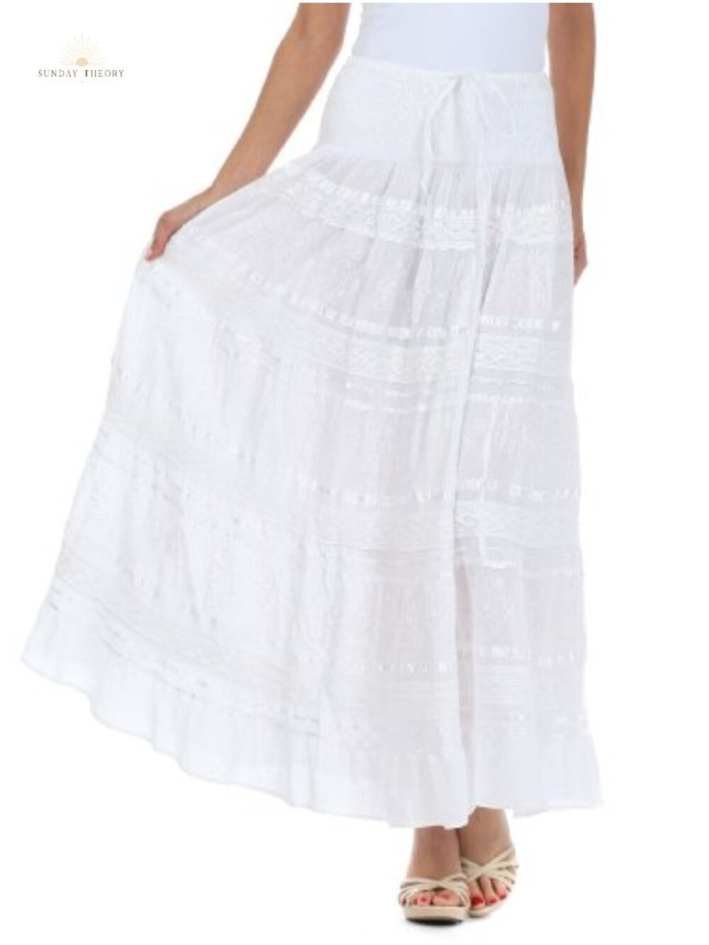 Women's Cotton Peasant Boho Skirt Lace Ribbon Tiered Smocked One Size